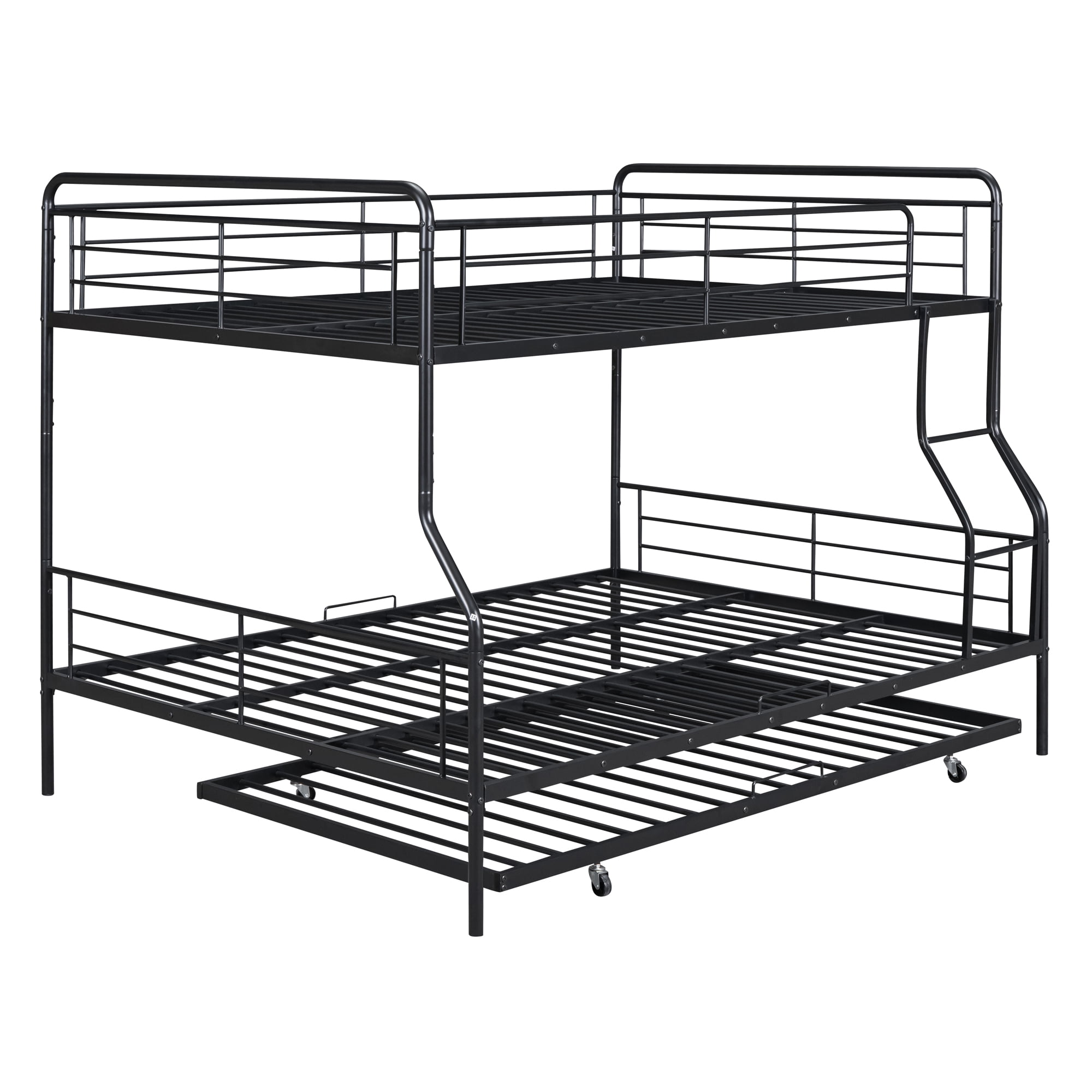 MAYEERTY Full XL Over Queen Metal Bunk Bed Frame with Twin Size Trundle for Kids and Adults, with Full-Length Guardrail, Black