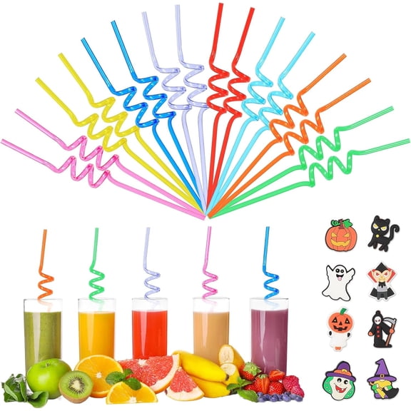 32 PCS Halloween Cartoon Themed Straws,Reusable Plastic Drinks Pumpkin Skull Ghost Witch Theme Drinking Straws with Cartoon Decoration for Kids Halloween Party Supplies,16 Styles