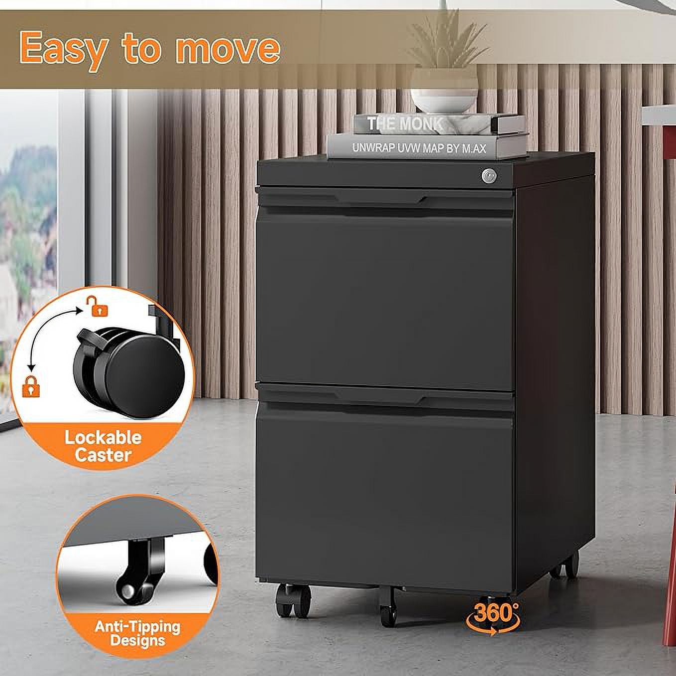 2 Drawer File Cabinet with Wheels,Under Desk Metal Mobile Filing Cabinet for Office,Business,Home,Enterprise for Legal/Letter Size,Black