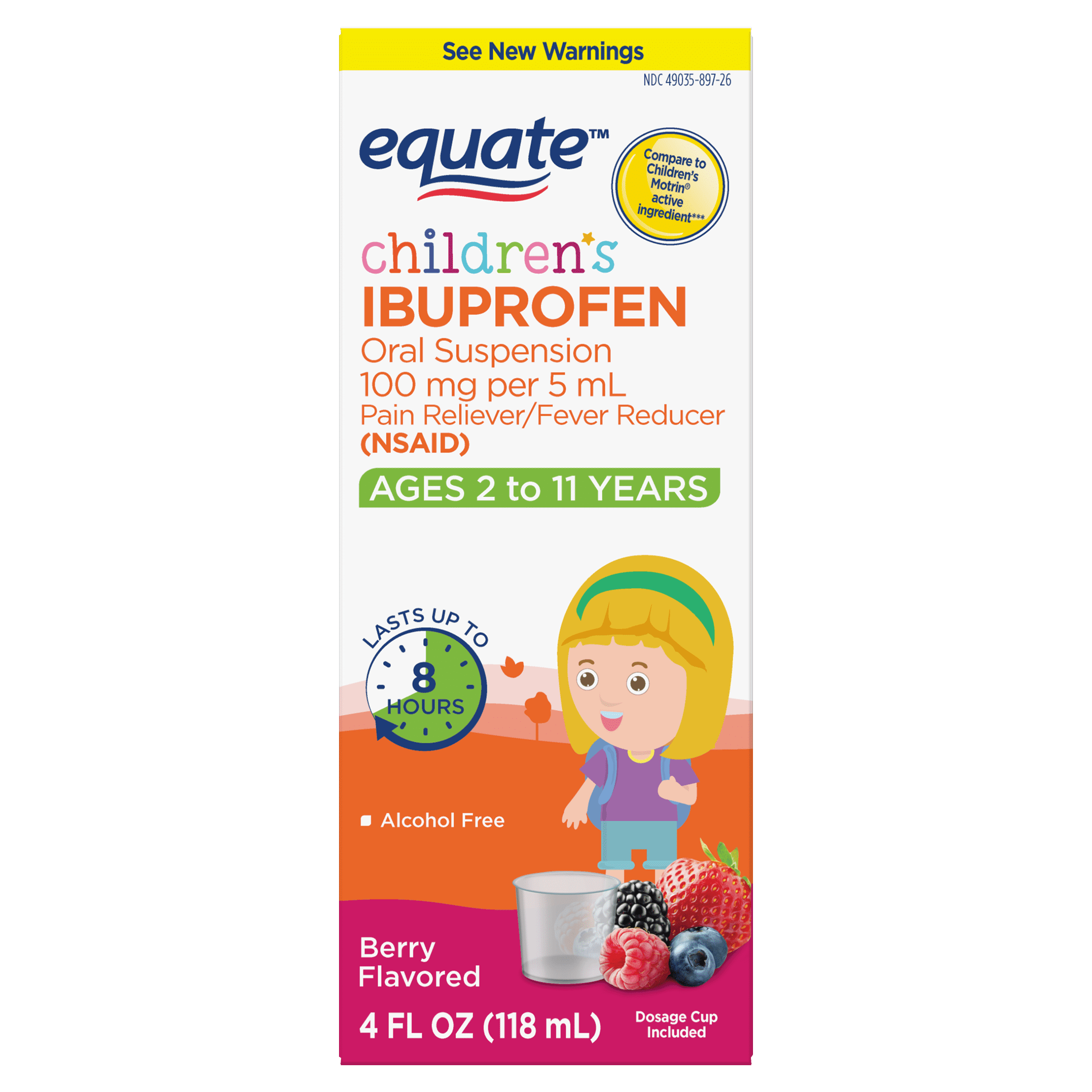Equate Children's Ibuprofen Oral Suspension, 100 mg, Berry Flavor, Ages 2 to 11 Years, 4 fl oz, Compare to Children's Motrin Active Ingredient