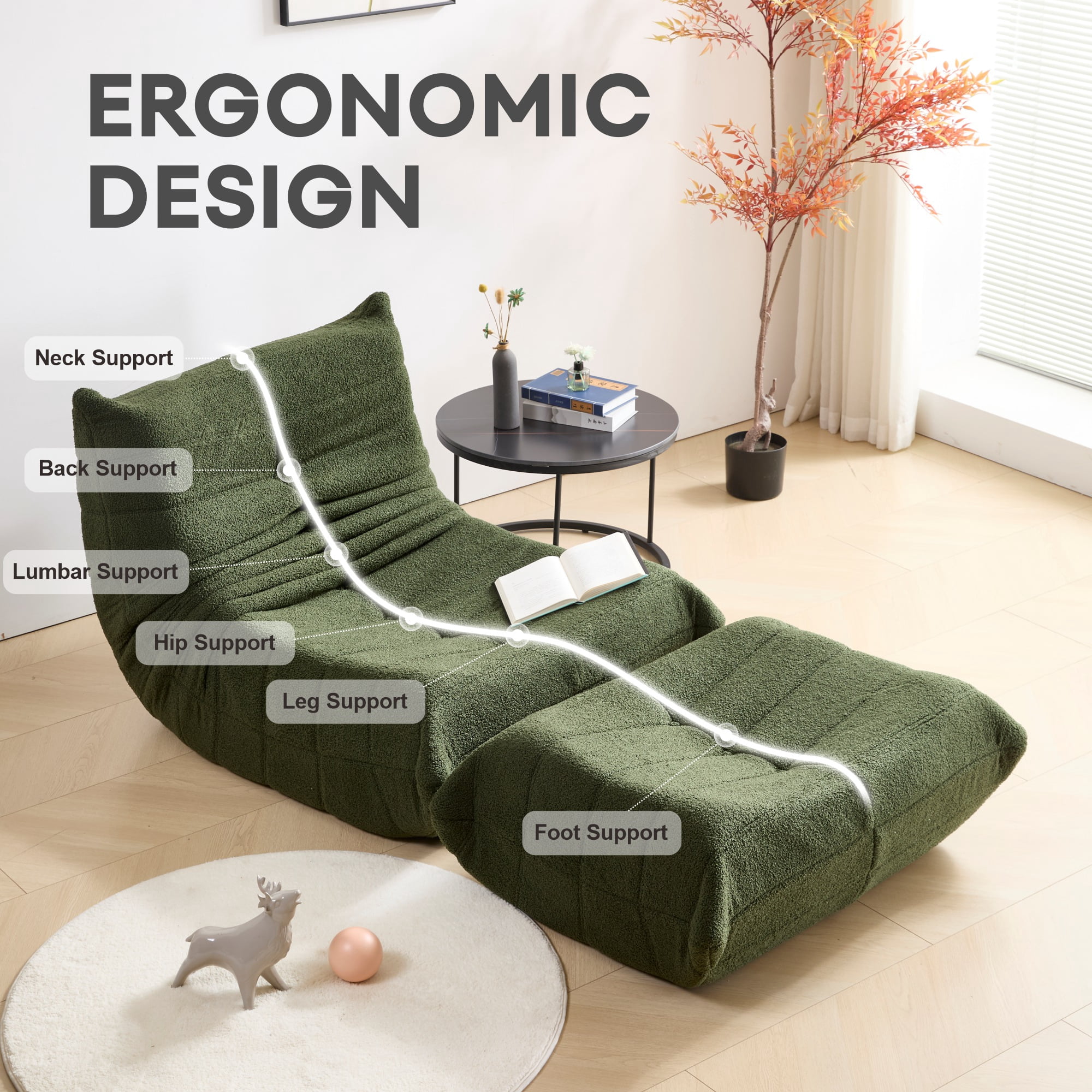 Evita Teddy Fabric Green Bean Bag Chair with Ottoman, Memory Foam Lounge Chair for Adults, Ergonomic Floor Seating Sofa for Living Room or Bedroom