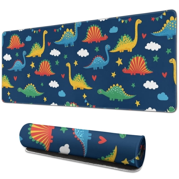 Long Mouse Pads for Desk,DarkBlue Dinosaurs Stars Hearts Desk Mats on Top Of Desks, Desk Mouse Pad Extra Large with 3mm Non-Slip Base and Stitched Edge for Gaming,Office,Work,Home 31.5"x11.8"