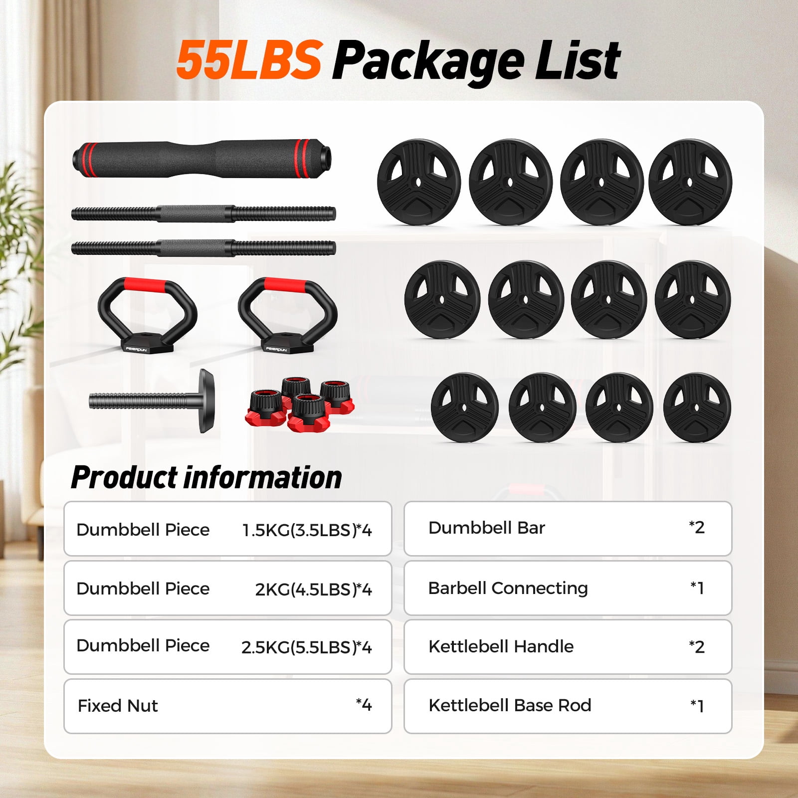 Upgo Adjustable Dumbbells, 55lbs Free Weight Set with Connector, 5 in1 Dumbbells Set as Barbell, Kettlebells, Push up Stand, Fitness Exercises for Home Gym Suitable Men/Women