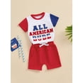 thumbnail image 6 of Aojekbee Toddler Boys 4th of July Shorts Sets Short Sleeve Letter Embroidery Tops Solid Color Shorts Sets, 6 of 10