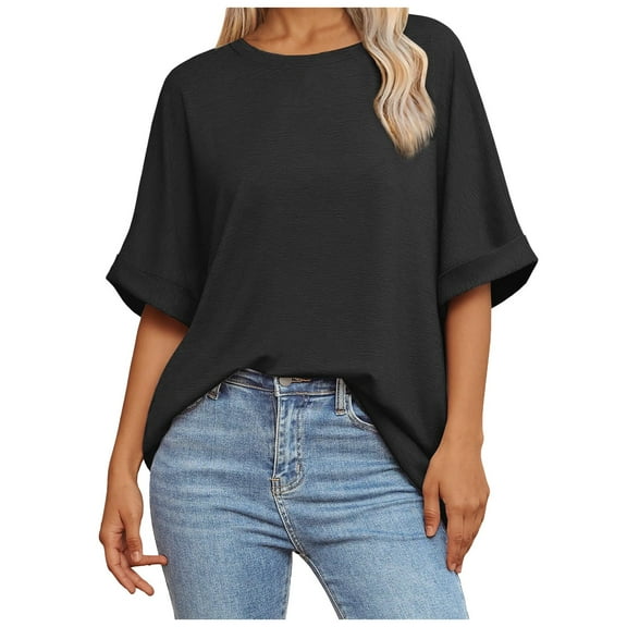 Womens Oversized Crewneck Short Sleeve T-Shirt - 60% Polyester Blend, Rolled Sleeves Design, Casual Basic Top for Summer Daily Wear