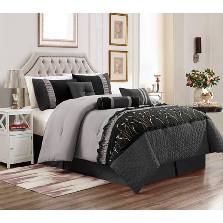 Quilt Comforter Sets Unique Home Marcia 7 Piece Patchwork Embroidery Clearance Comforter Set Fade Resistant, Wrinkle Free, No Ironing Necessary, Super Soft (King, Black/Gray) ()