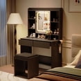 thumbnail image 2 of TROPOW Vanity Desk with Mirror and Lights,for Bedroom,Adjustable 3 Colour Lights Modes,Includes Padded Stool,Makeup Table Set with Hidden Storage Shelves,USB Outlets,Hairdryer Holder,Black, 2 of 9