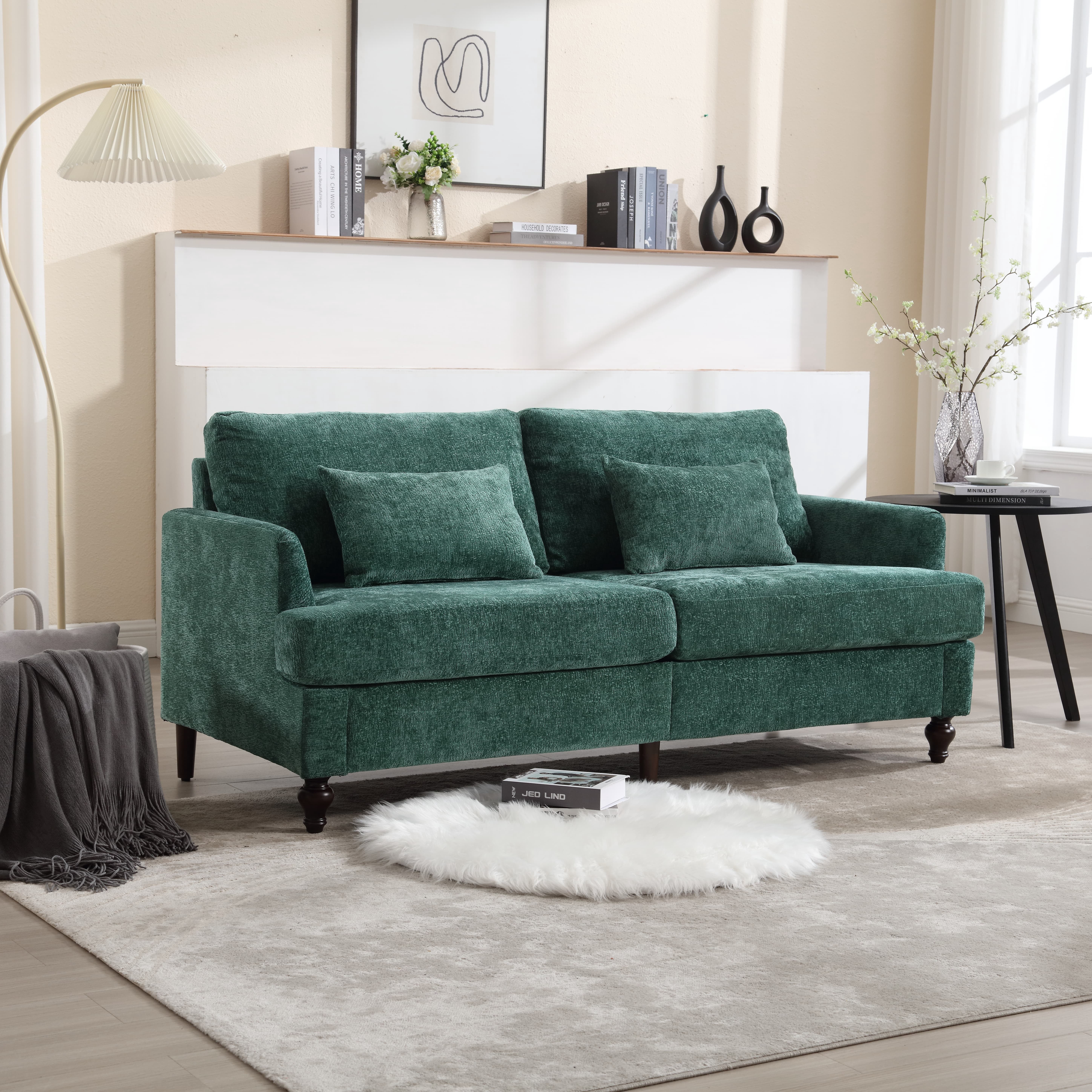 MAYEERTY Mid Century Modern chenille Fabric Loveseat sofa, 2-Seat Upholstered Loveseat Sofa Modern Couch for Living Room,Brown wood feet sofa for Bedroom, Reading (Emerald Chenille)