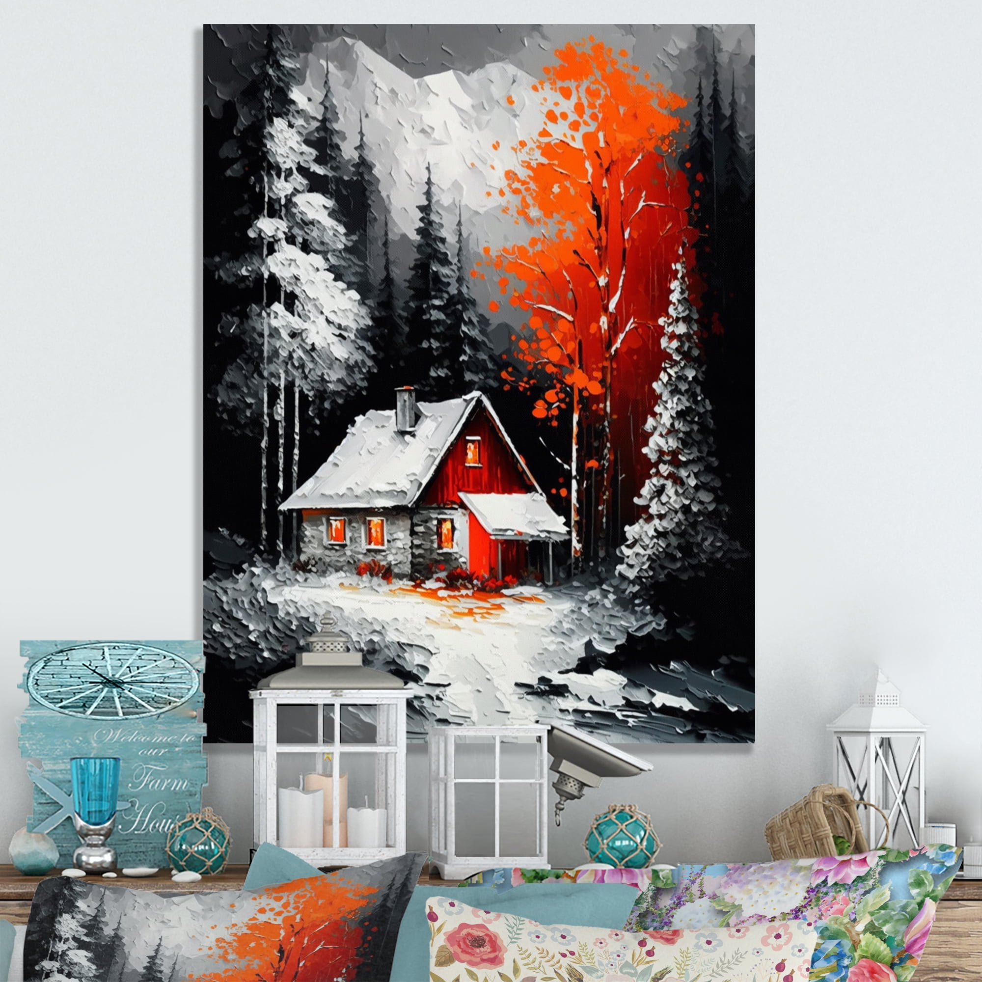 Designart Monochrome Orange Cottage In Winter I Canvas Wall Art