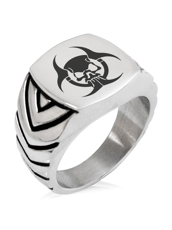 Stainless Steel Zombie Skull Biohazard Chevron Pattern Biker Style Polished Ring
