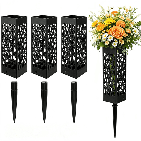 3 Pack Memorial Day Grave Decorations Plastic Floral Holders for Cemetery Vases with Spikes Long Spike Stake and Drainage Holes (Black)