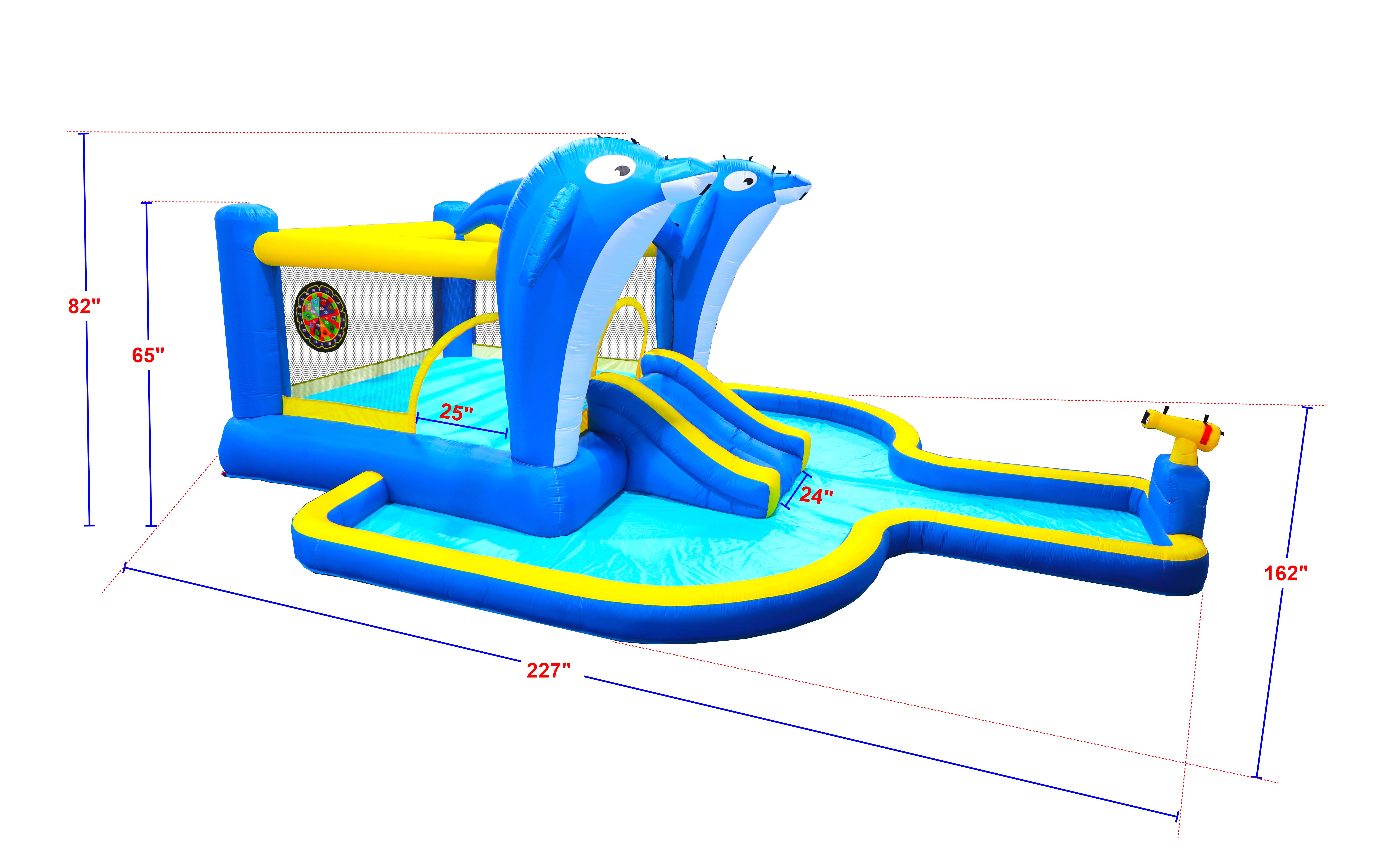 YIYADO Inflatable Bounce House Water Slide, Indoor and Outdoor Bounce House for Kids, Dolphin Sprinkler and Target Game and Water Gun and Basketball, Blue