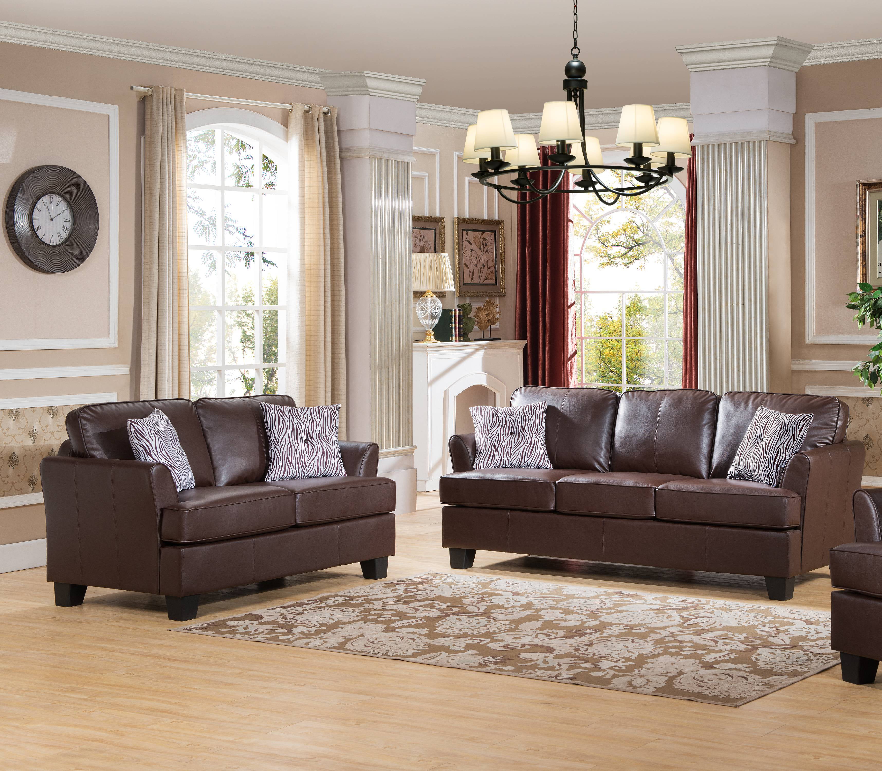 2 Piece Brown Upholstered Faux Leather Transitional Stationary Living