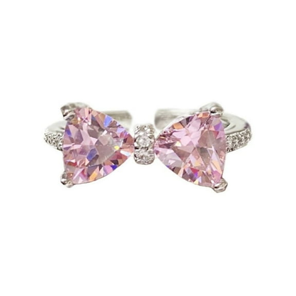 Pink Crystal Bow Knot Open Statement Ring for Women CZ Eternity Promise Rings Stacking Finger Bands Adjustable