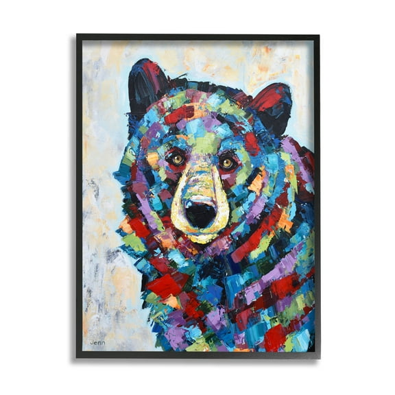 Geometric Hued Abstract Bear Animals & Insects Painting Black Framed Art Print Wall Art
