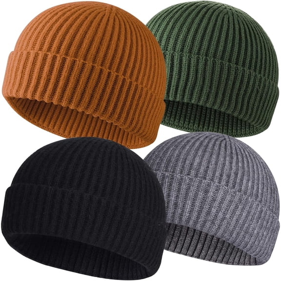 4Pcs Wool Fisherman Beanies for Men, Knit Short Watch Cap Winter Warm Hats