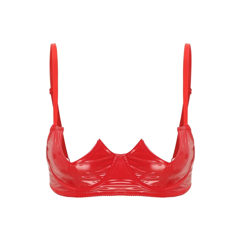 Yeahdor Womens Half Cup Bra Underwired Brassiere Exotic Wet Look Patent  Leather Bralette Lingerie Red 3XL