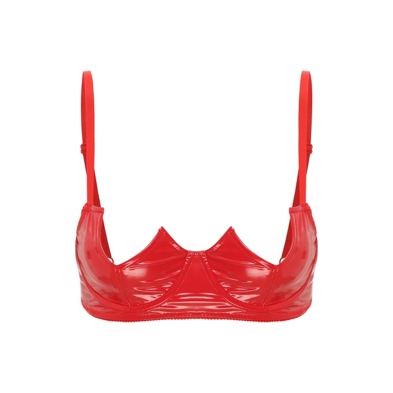 Yeahdor Womens Half Cup Bra Underwired Brassiere Exotic Wet Look Patent  Leather Bralette Lingerie Red 3XL 