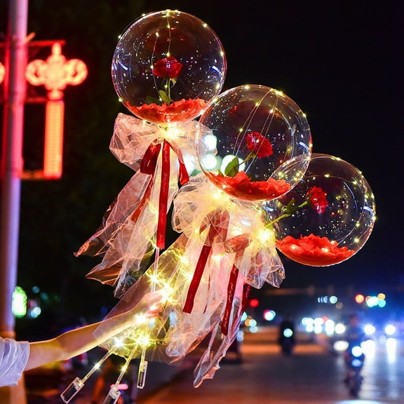 Chmadoxn LED Rose Bouquet Balloon Valentines Day Gifts, Bobo Balloon Rose Bouquet for Valentines Day Decor, Light Up Balloons with Rose Flower Romantic Decorations Night for Wedding Birthday Party