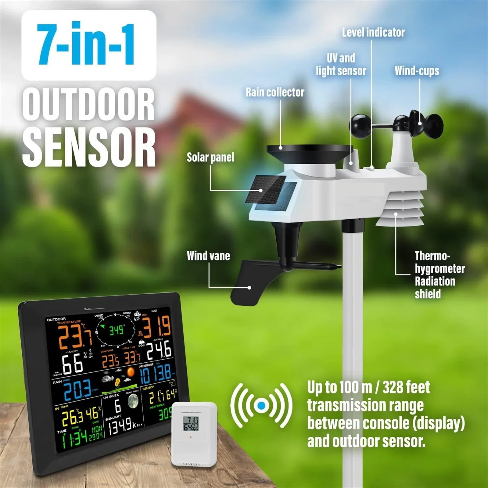 0320 Wireless Weather Stations 10 Inch Large Display Indoor Outdoor Thermo-hygrometer Rain Gauge Wind Speed 8 Channel Supports ,High Precision