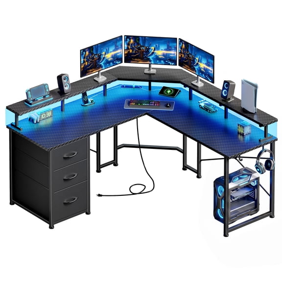 Romorgniz L-Shaped Gaming Desk with 3 LED Lights, Monitor Stand & 3 Drawers, Corner Desk with Side Hooks and Power Strip for Small Space, Black
