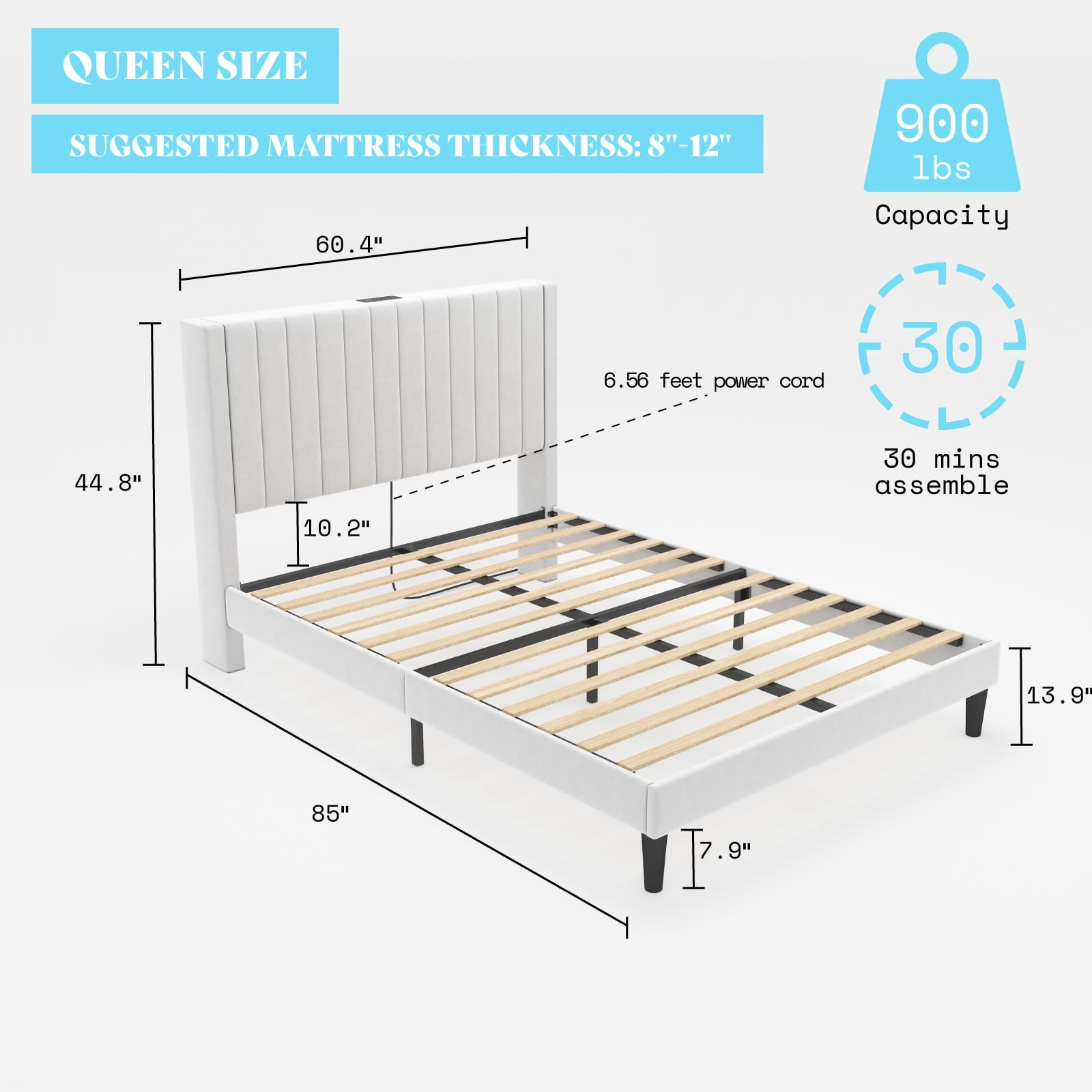 Merluxy Queen Size Velvet Bed Frame with Headboard, Charging Station, White
