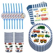 Frcolor Paper Tableware Birthday Party Engineering Set Disposable Truck Plates Plate Vehicle Transportation Traffic Dump Cutlery