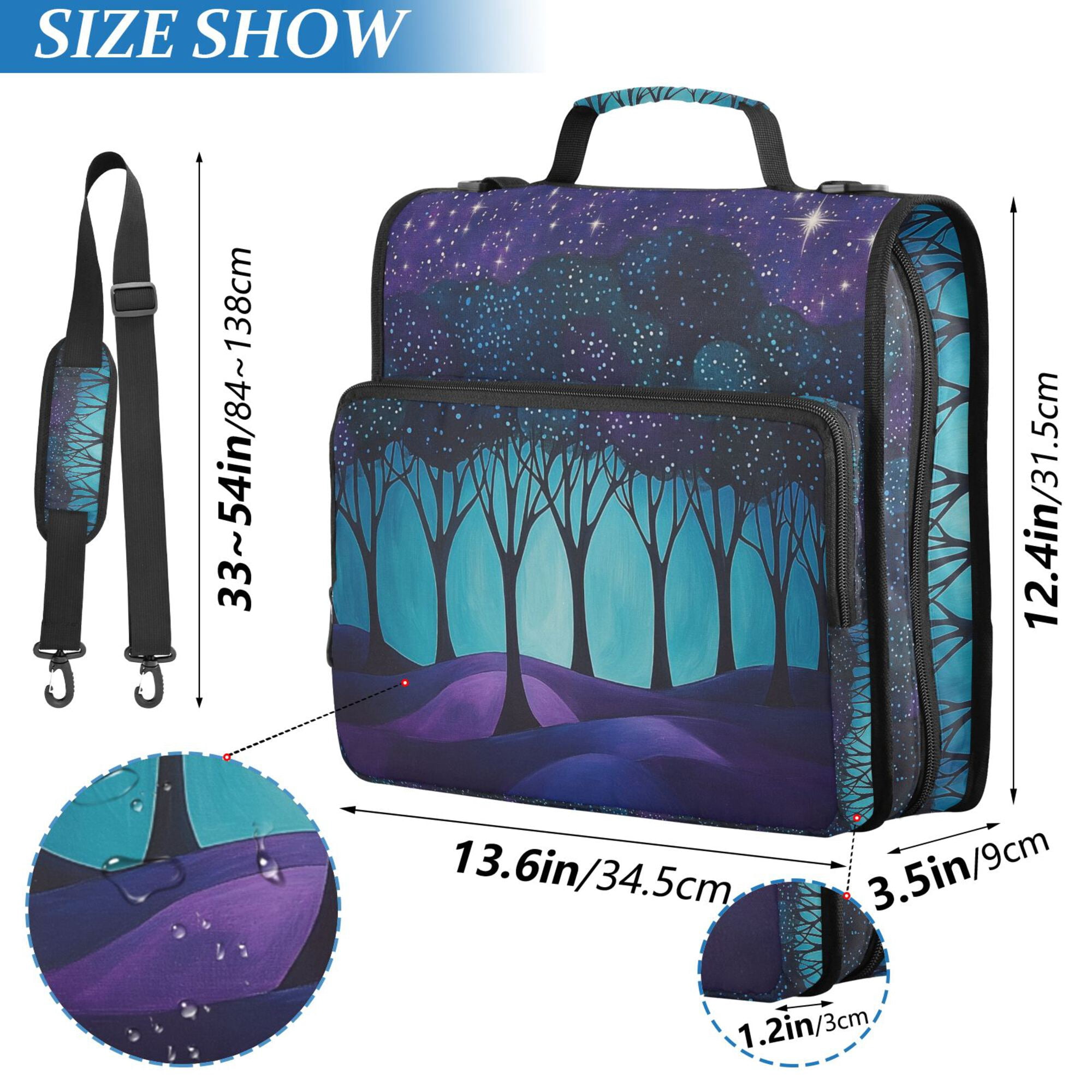 FORMRS Zipper Binder with Shoulder Strap 2-inch Ring 500 Sheet Capacity File Bag, Purple Moonlight Forest