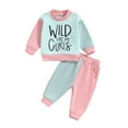 thumbnail image 1 of Conjunto de dos piezas para niña: sudadera de manga larga con cuello alto y estampado de letras, y pantalón con cintura elástica., 1 of 9