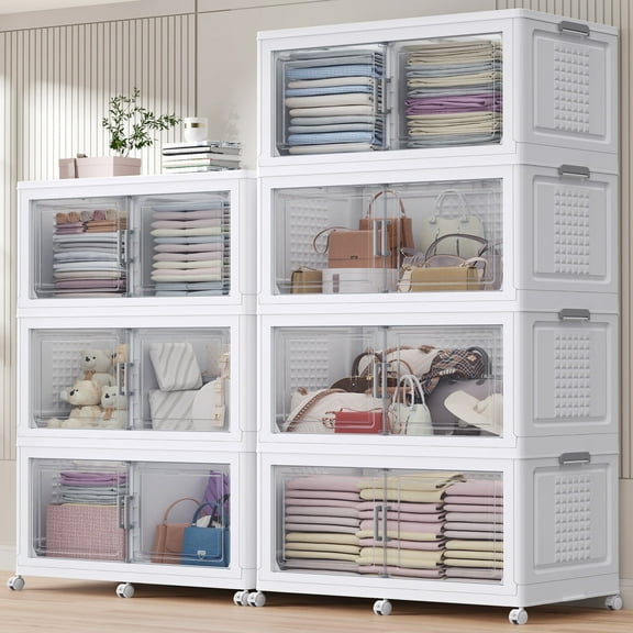 Broview 350Gal Extra Large Stackable Storage Bins with 2 Lids & Wheels, 7Pack Plastic Collapsible Box with Dividers, Closet Organizers Cabinet, White