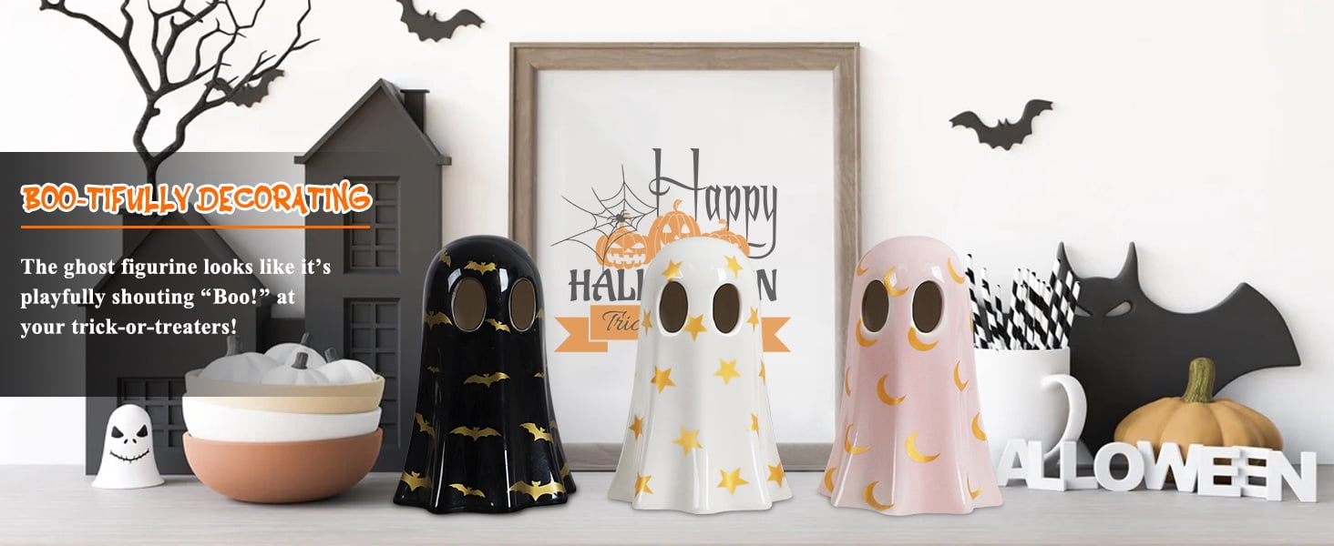 Halloween Decorations Indoor, Set of 3 Ceramic Ghosts with Witch Hats, Cute Spooky Halloween Ghost Figurines for Mantel, Shelf & Tabletop Decor