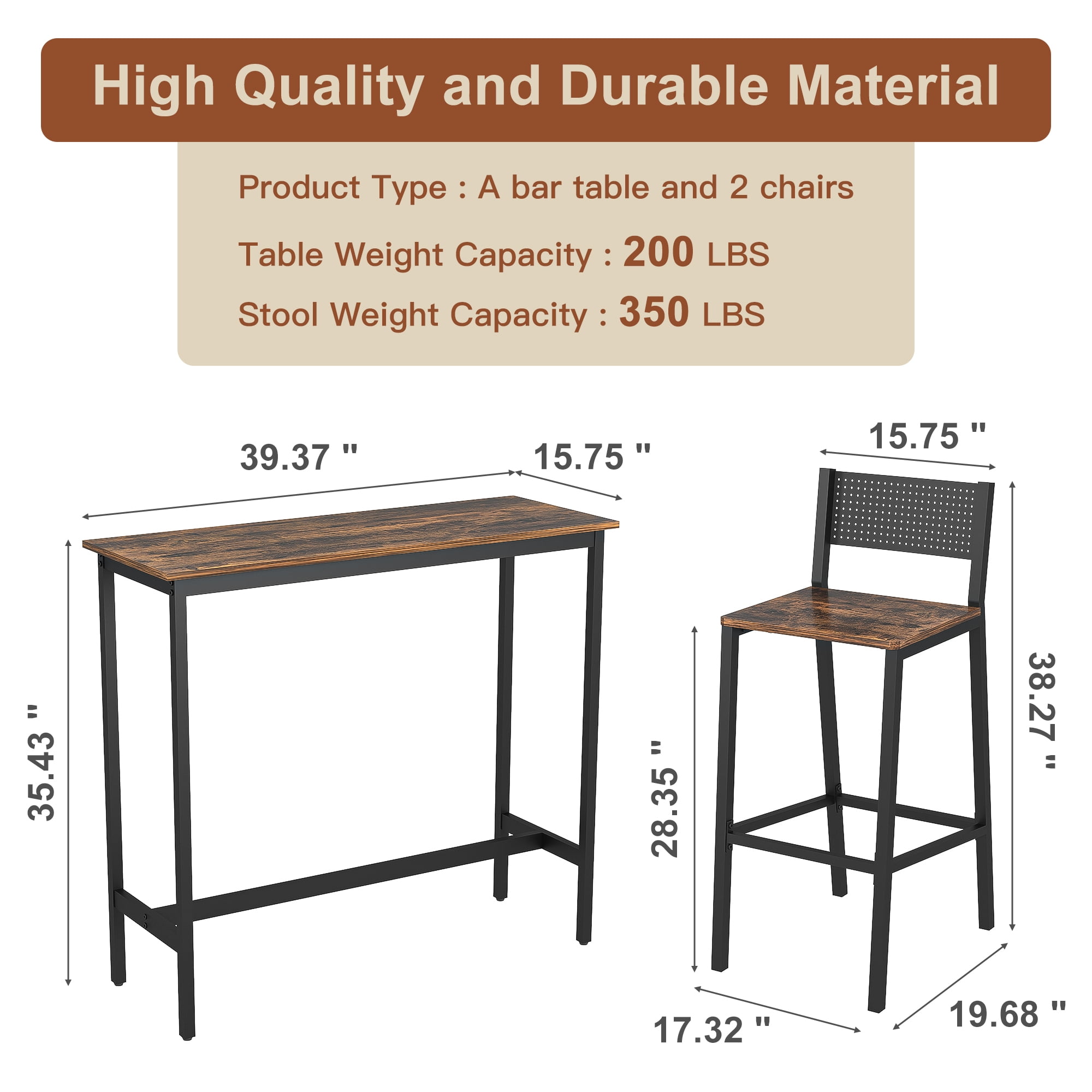 Resenkos Bar Table and Chairs Set with 2 Chairs, Kitchen Dining Room Table Iron Frame Stools Rustic Brown