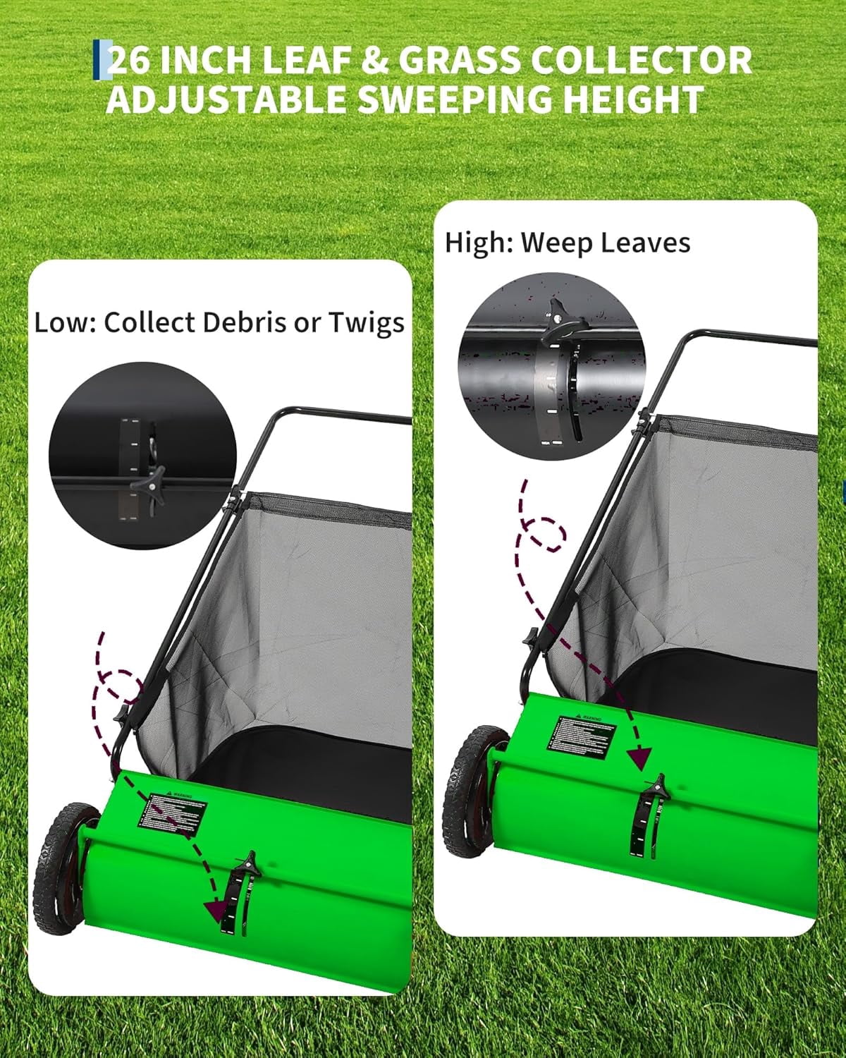 26 in Heavy Duty Push Lawn Sweeper with 4 Fast Spinning Brushes - Lawn Sweeper for Leaf and Grass Collector, Yard Cleanup - Leaf Picker Upper Machine g