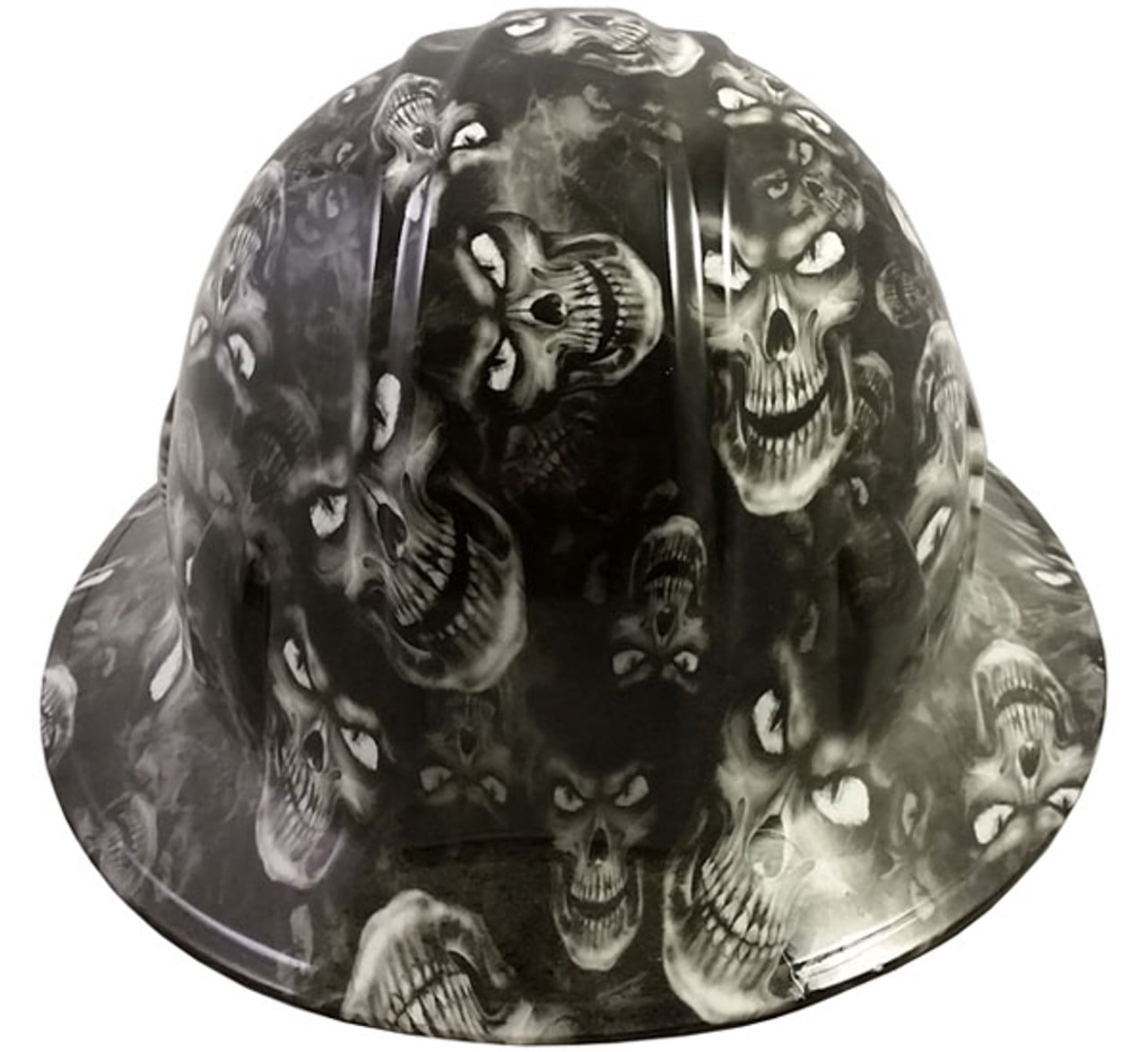 Hades Skull White Hydro Dipped Hard Hats Full Brim Style with 4 Pt Suspension