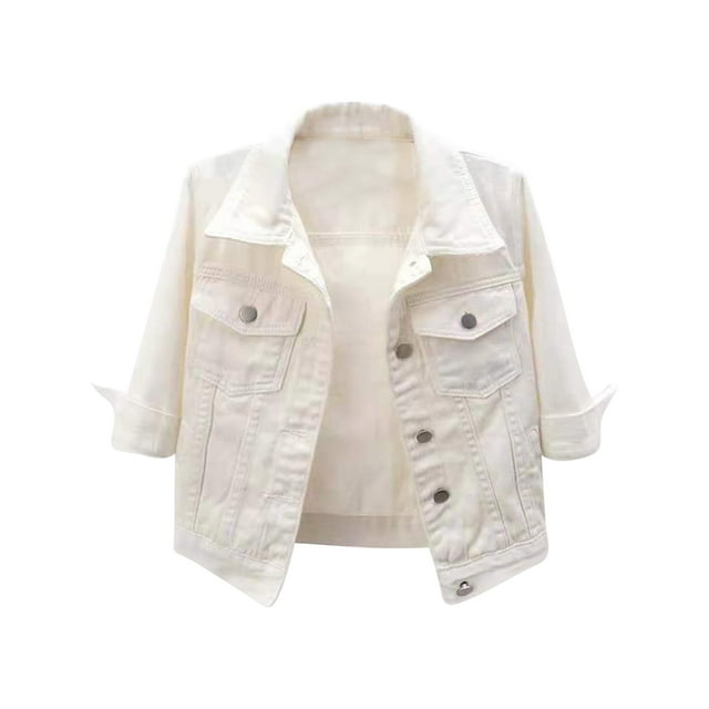 YiZYiF Veste en Denim Courte Colorée à Manches 3/4 pour Femme, Veste Délavée Légère, Manteau à Revers, Veste en Jean Boutonnée, Blanc 3TG