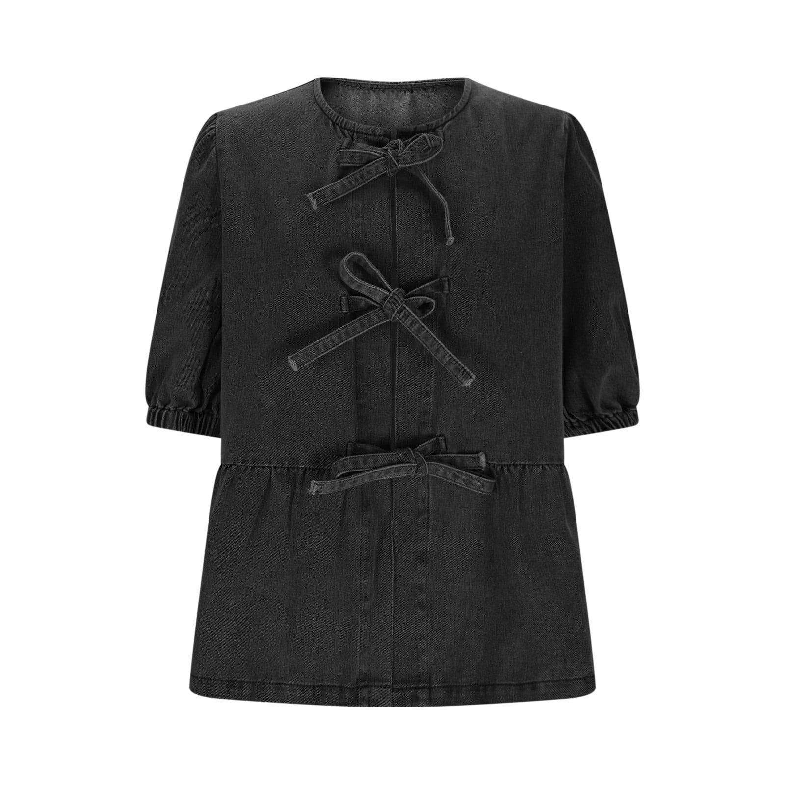 Womens Tops Under $10, Womens Denim Tie Front Tops Babydoll Peplum Puff Sleeve Jean Shirts Crew Neck Summer Casual Bow Blouses