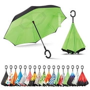 Windproof Double Layer Folding Inverted Umbrella, Self Stand Upside-Down Car Reverse Umbrella with C- Handle 1pk S9(Green)