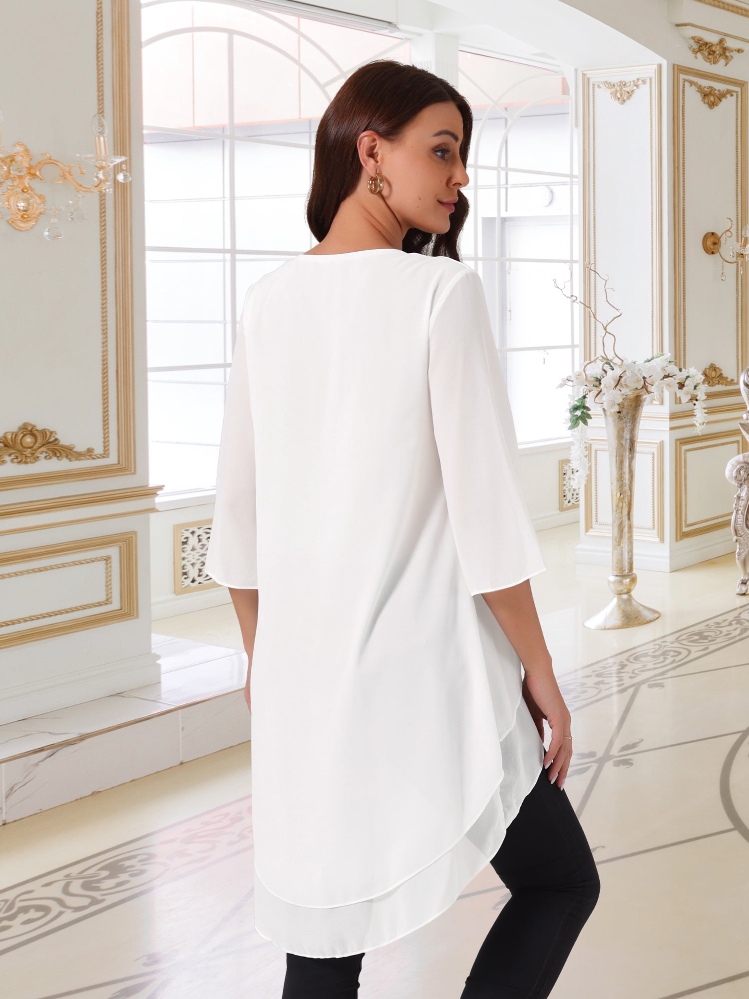 DARING DIVA Women's 3/4 Sleeve High Low Hem Scoop Neck Chiffon Blouses S White