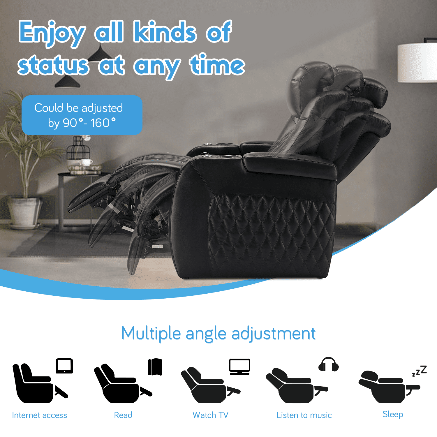Weilianda Home Theater Seating Top Grain Leather Recliner Chair Dual Power Movie Gaming Sofa Electric Headrest with Tray Table Type-C USB Charge Cup Holders Row of 1 Black