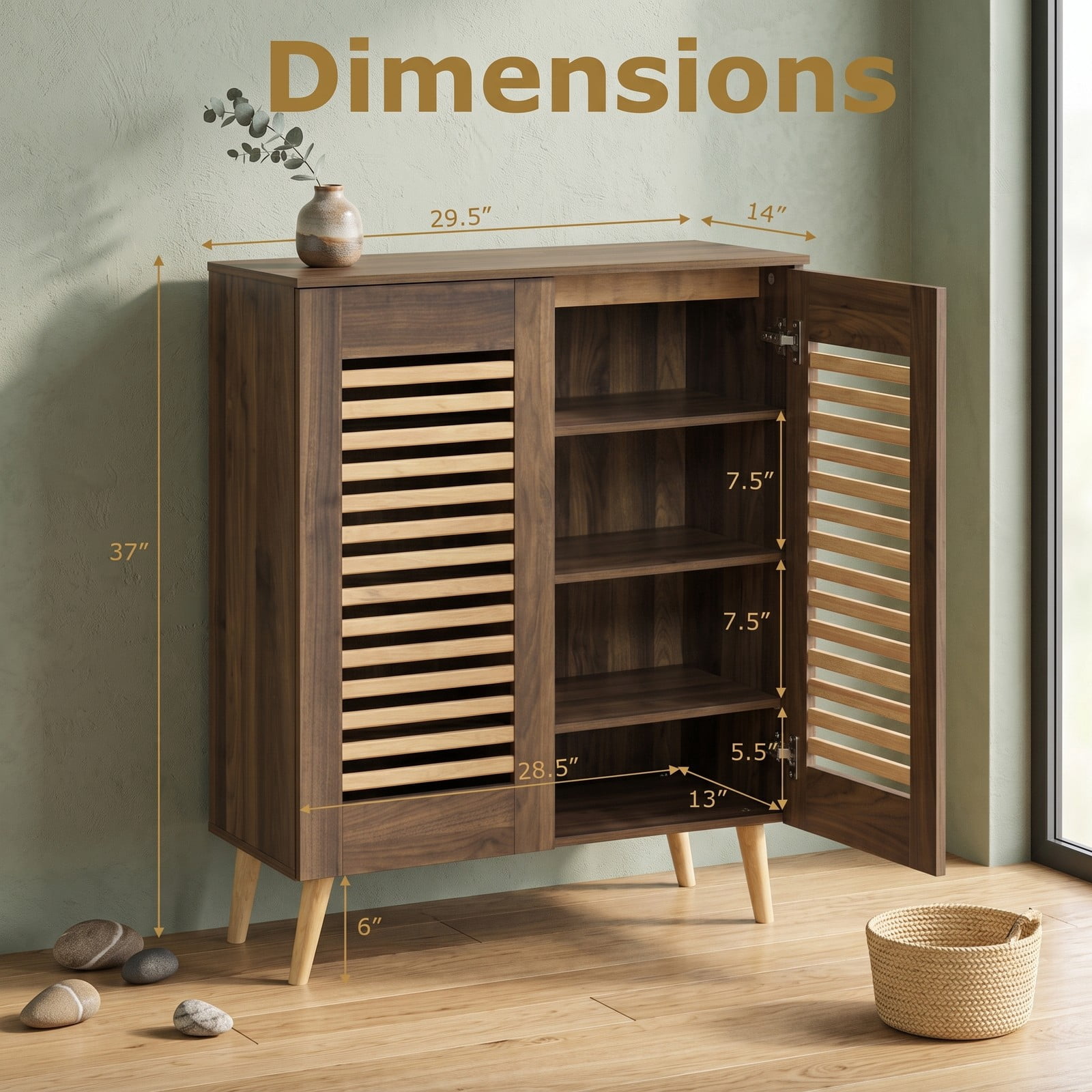 Furnibear Shoe Cabinet with Louvered Doors and 3 Removable Shelves for Entryway Closet and Hallway Shoe Storage Organizer, Walnut