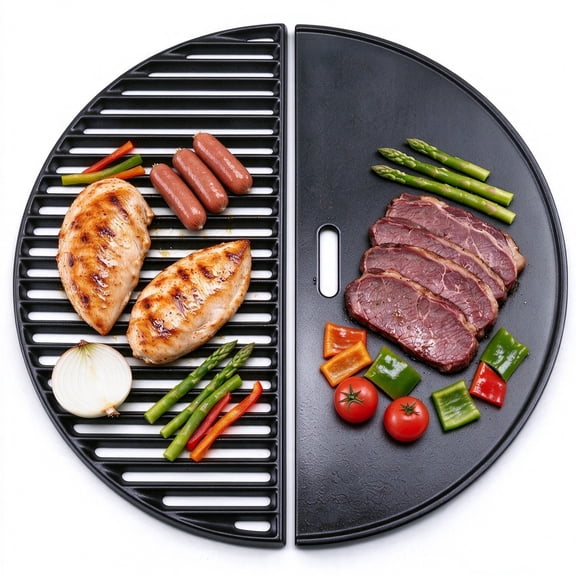 Reversible Half‑Moon Cast Iron Grill Grate, 18 Inch Dual‑Sided Griddle Plate for Kamado Joe Classic I/II/III, Large Big Green Egg, Vision VGKSS‑CC2 Charcoal & Gas Grills