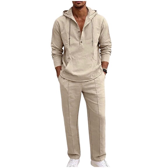 Men's Linen Suits Long Sleeve Hoodie Drawstring Straight Leg Pants Breathable Casual Daily Wear Matching 2 Piece Outfit XL