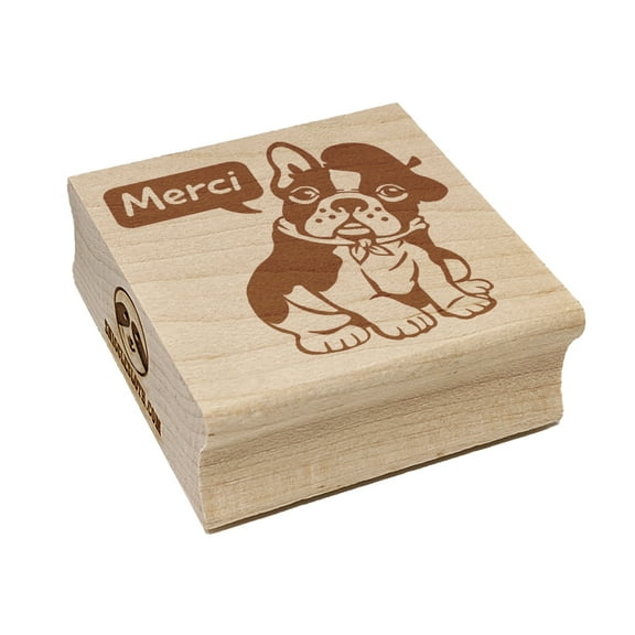 Merci Thank You French Bulldog With Beret and Bandana Square Rubber Stamp Stamping Scrapbooking Crafting - Small 1.25in