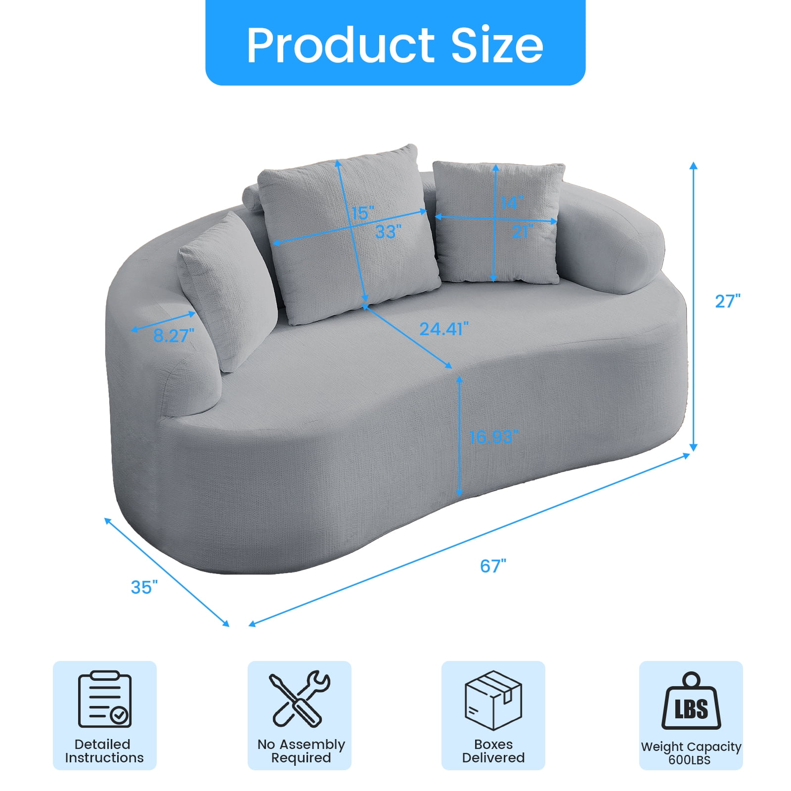 ZAFLY 67” Cloud Comfy Sofa, Deep Seat Loveseat for Living Room, Chenille 2 Seater Cloud Couch, No Assembly Required - Light Gray