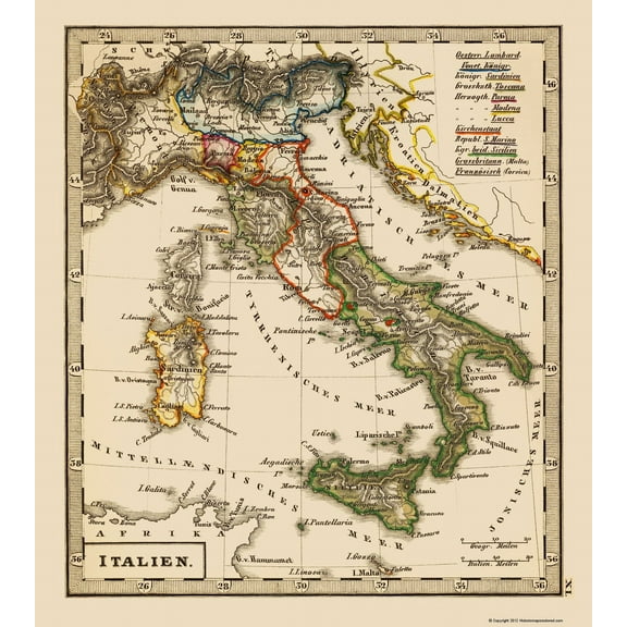 Historic Map - Italy - Stieler 1852 - 23 x 25.86 - Vintage Wall Art