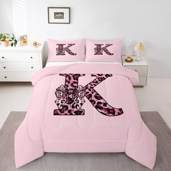 Erosebridal Girls Black Pink K Letter Monogrammed Full Size Comforter Sets 3 Pieces,Kids Cheetah Print Bow Tie Bedding Sets,Pink Reversible