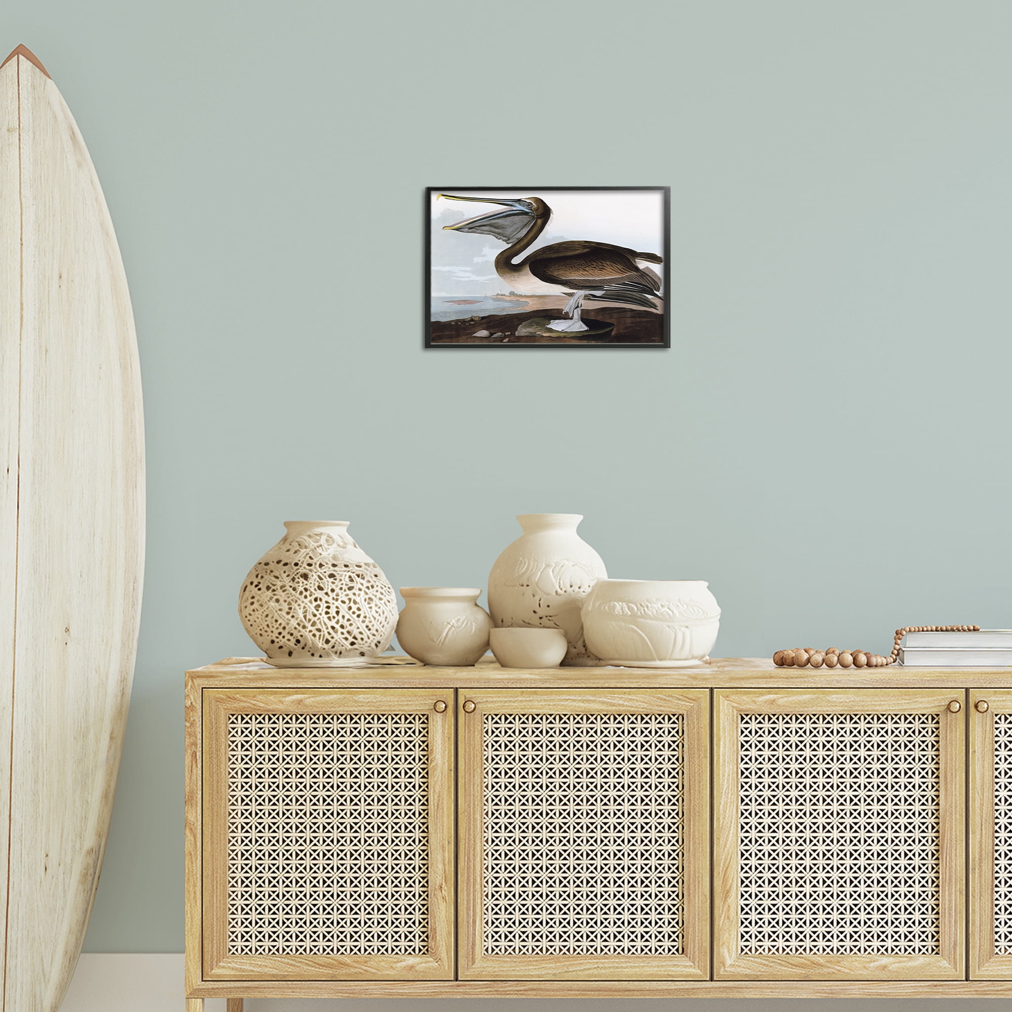 Stupell Industries Classic Pelican at Beach Animals & Insects Painting Black Framed Art Print Wall Art, 18 x 12
