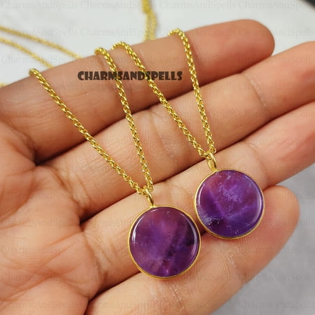 Natural Amethyst Necklace, Coin Shape Necklace, Birthstone Necklace, Birthstone Jewelry, Birthday Gift, Boho Amethyst,Valentine Day Gifts