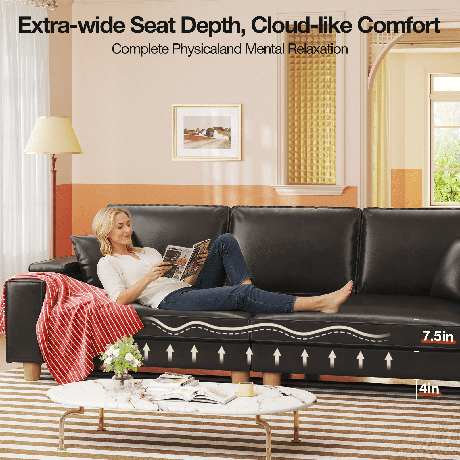 101" Large PU Leather Sofa Couch, Spring Cushion Modern Couch with 24" Extra Deep Seat, Wide Storage Armchair, Comfy Upholstered Oversized Loveseat (Includes 2 Pillows) for Living Room, Office, Black