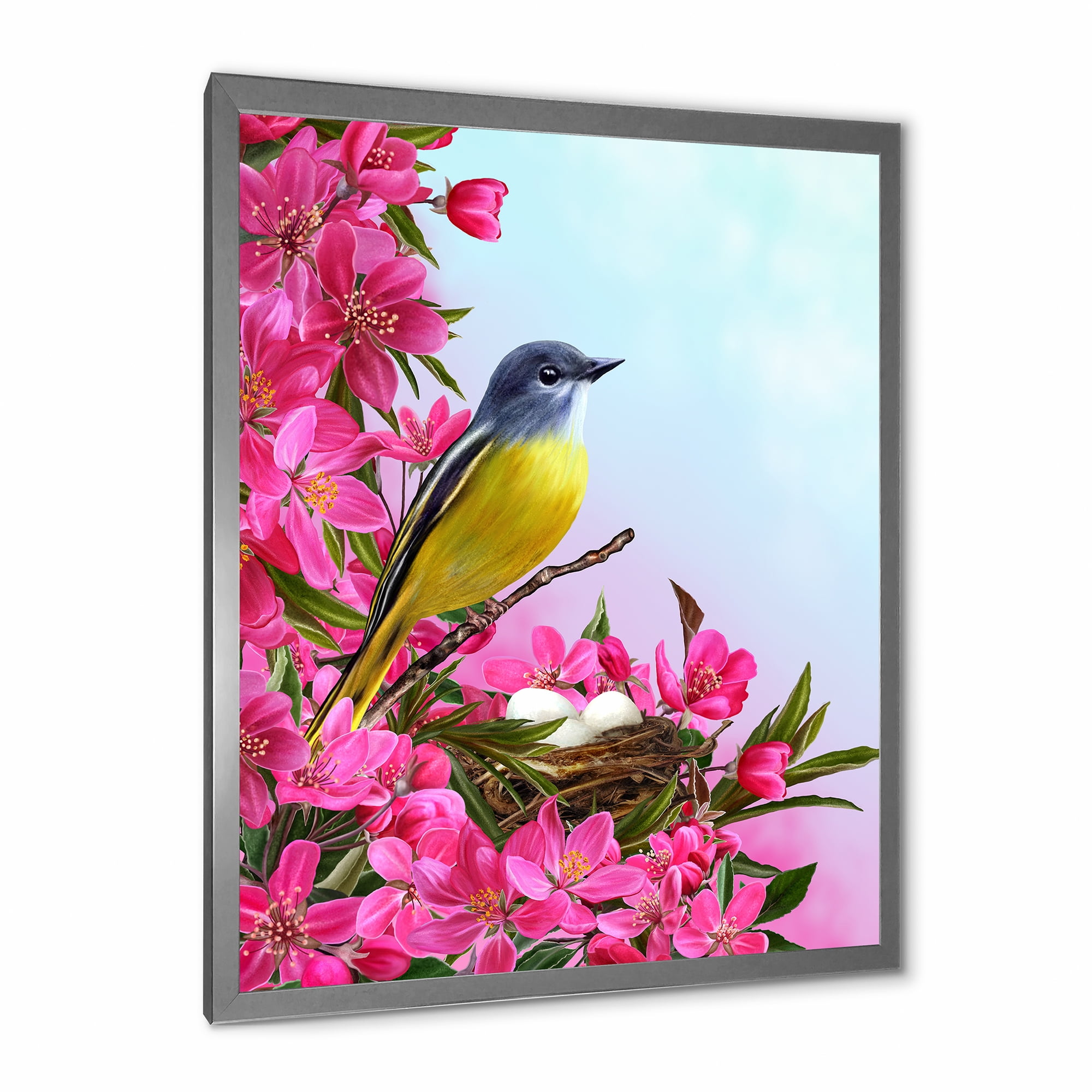 Designart 'Little Yellow Bird Near The Nest with Pink Flowers' Traditional Framed Art Print